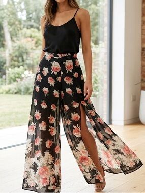 Cotton Candy Black Floral Wide Split Leg Pants With Black Shorts Size Small